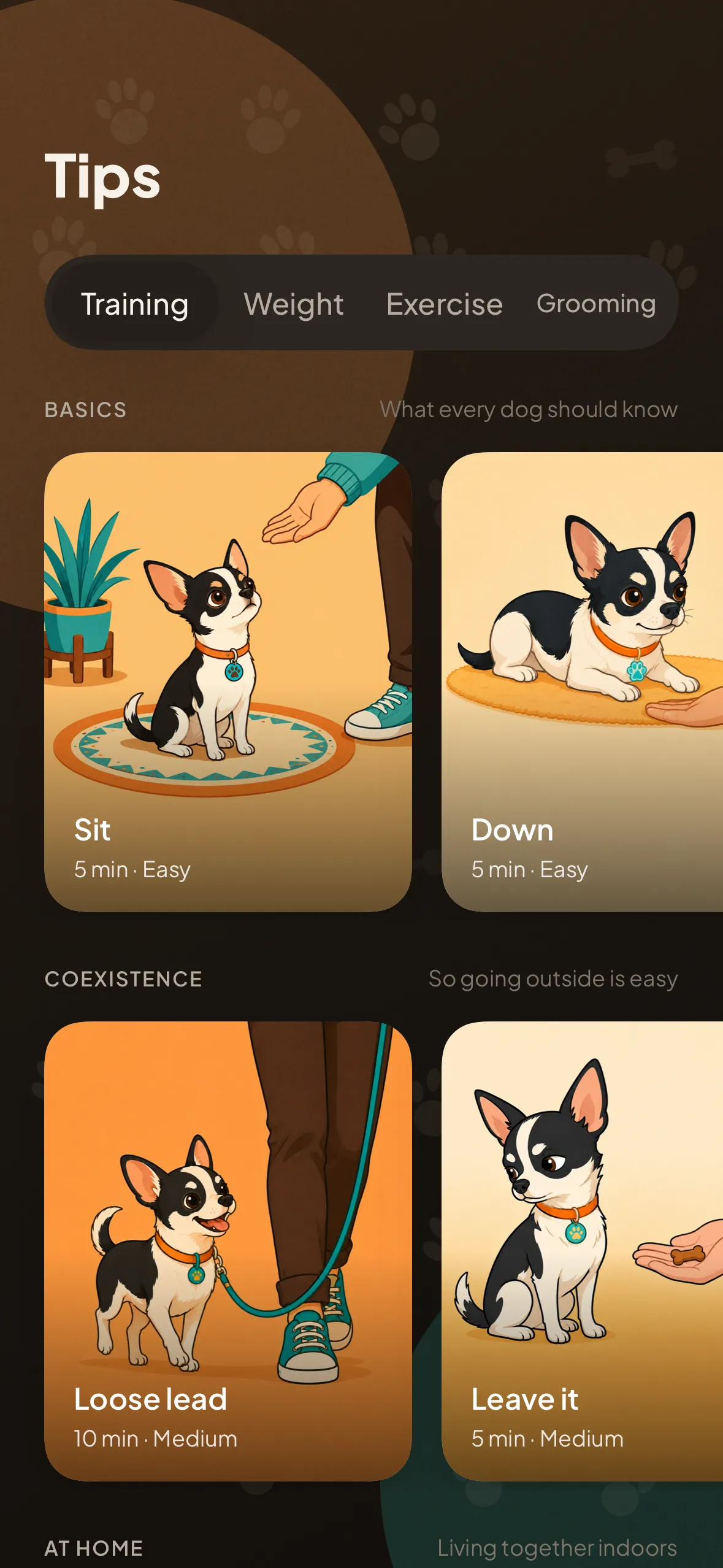 The advice screen: category tabs and training cards with their duration and difficulty.