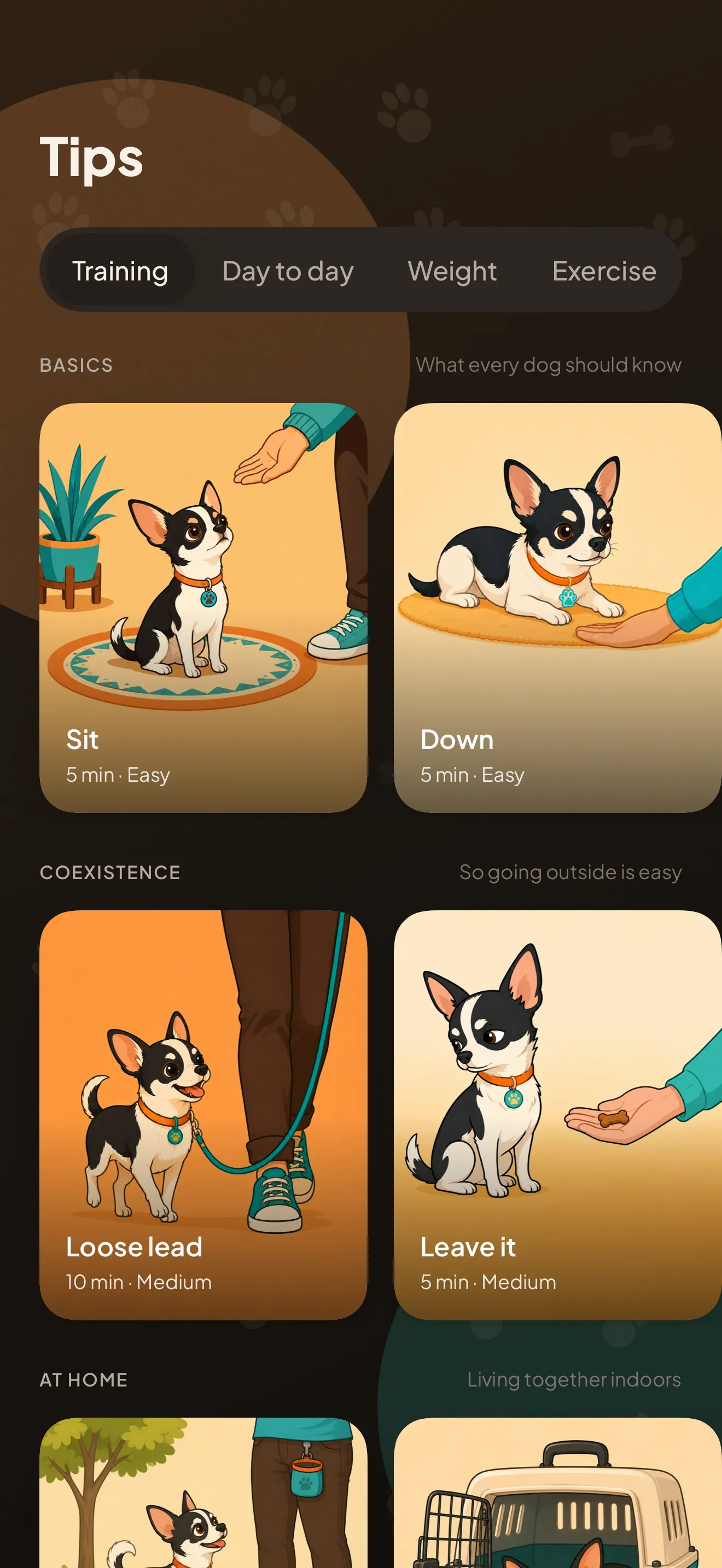 The advice screen: category tabs and training cards with their duration and difficulty.