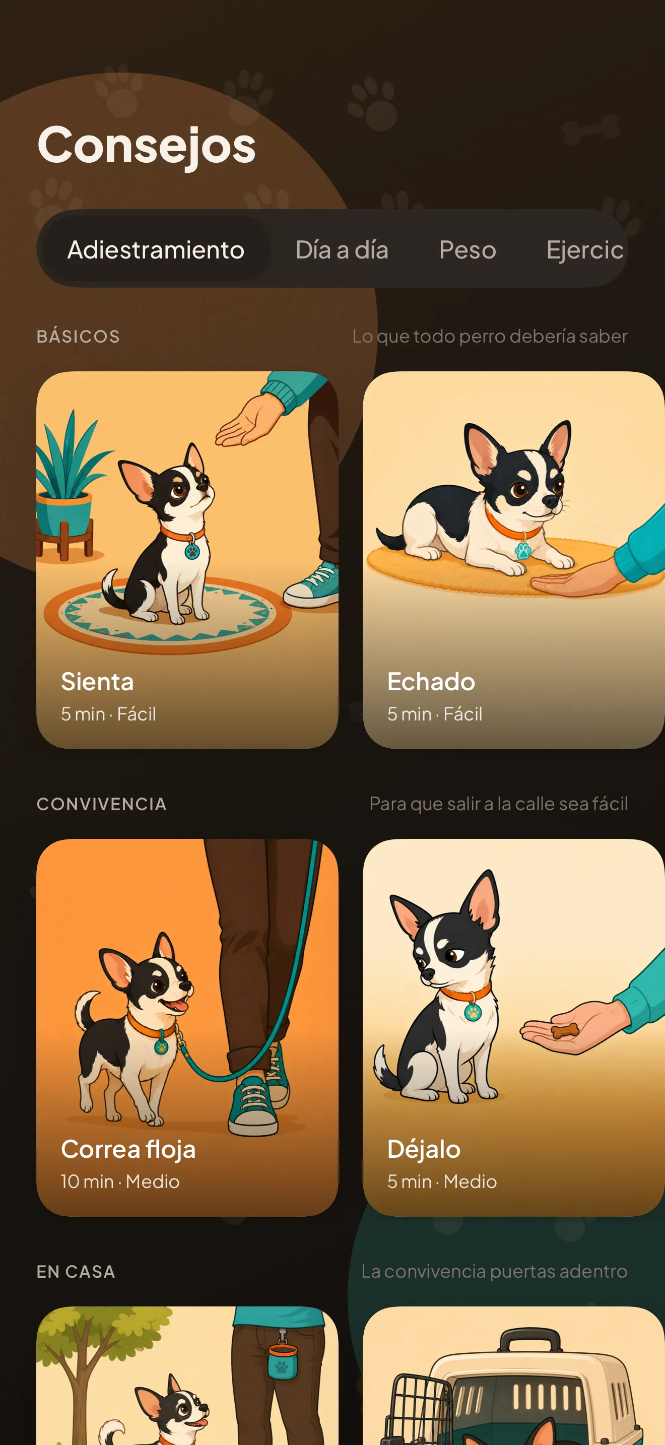 La pantalla de consejos: las pestañas por categoría y las fichas de adiestramiento con su duración y su dificultad.