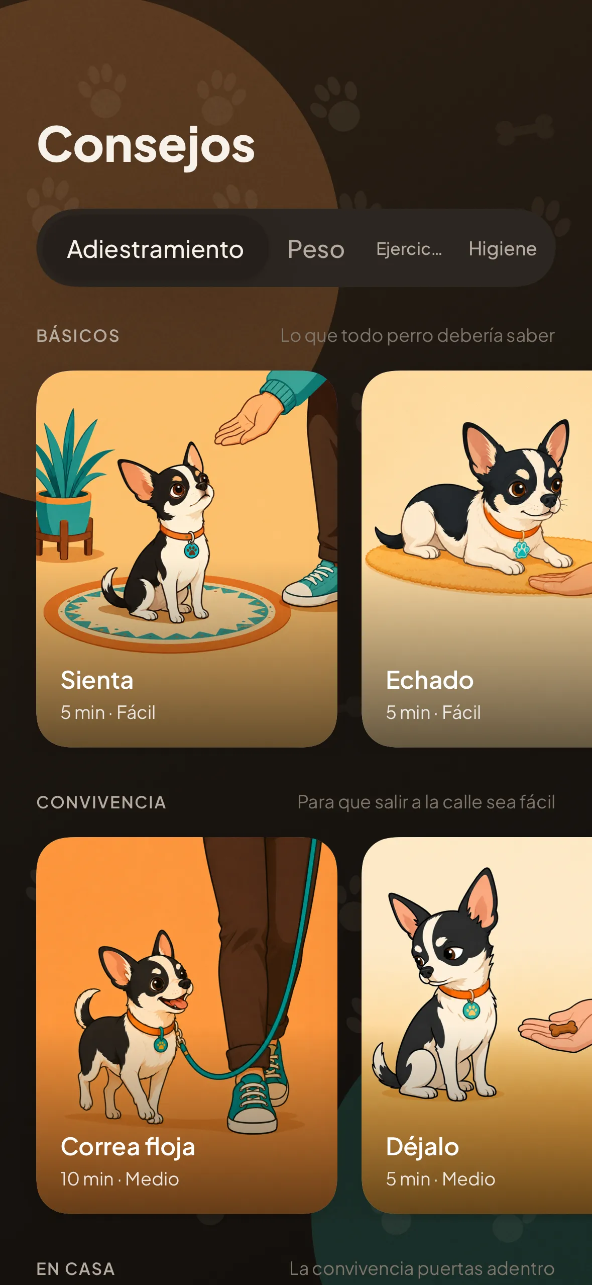 La pantalla de consejos: las pestañas por categoría y las fichas de adiestramiento con su duración y su dificultad.