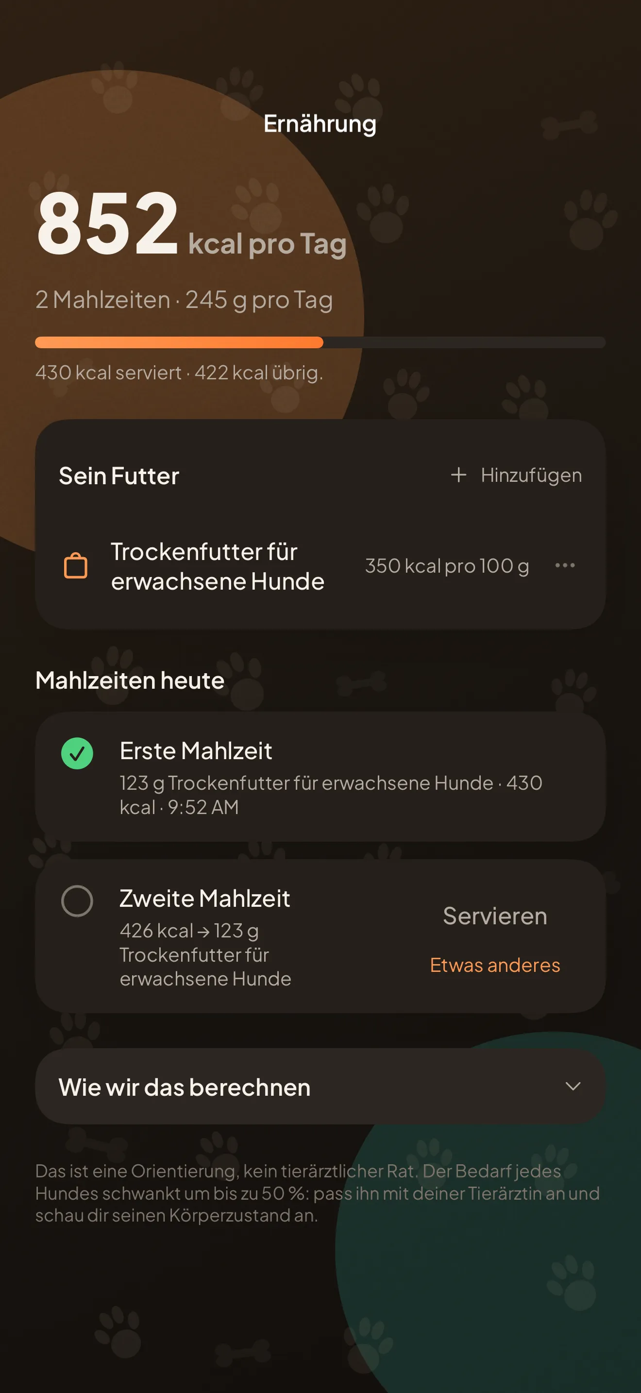 Der Ernährungsbildschirm: die Gramm pro Tag, die Kalorien, das aktive Futter und die heute servierten Mahlzeiten.