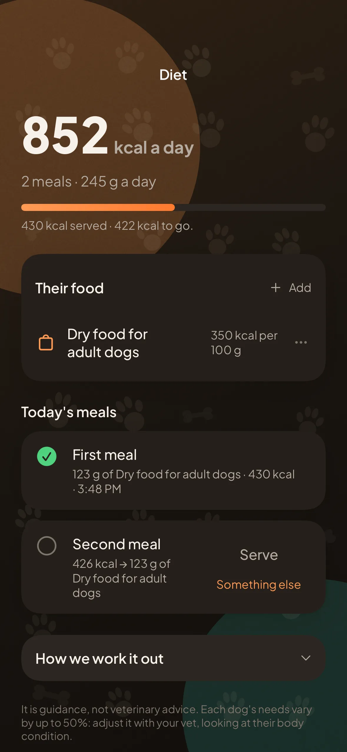 The diet screen: the grams per day, the calories, the active food and the meals served today.
