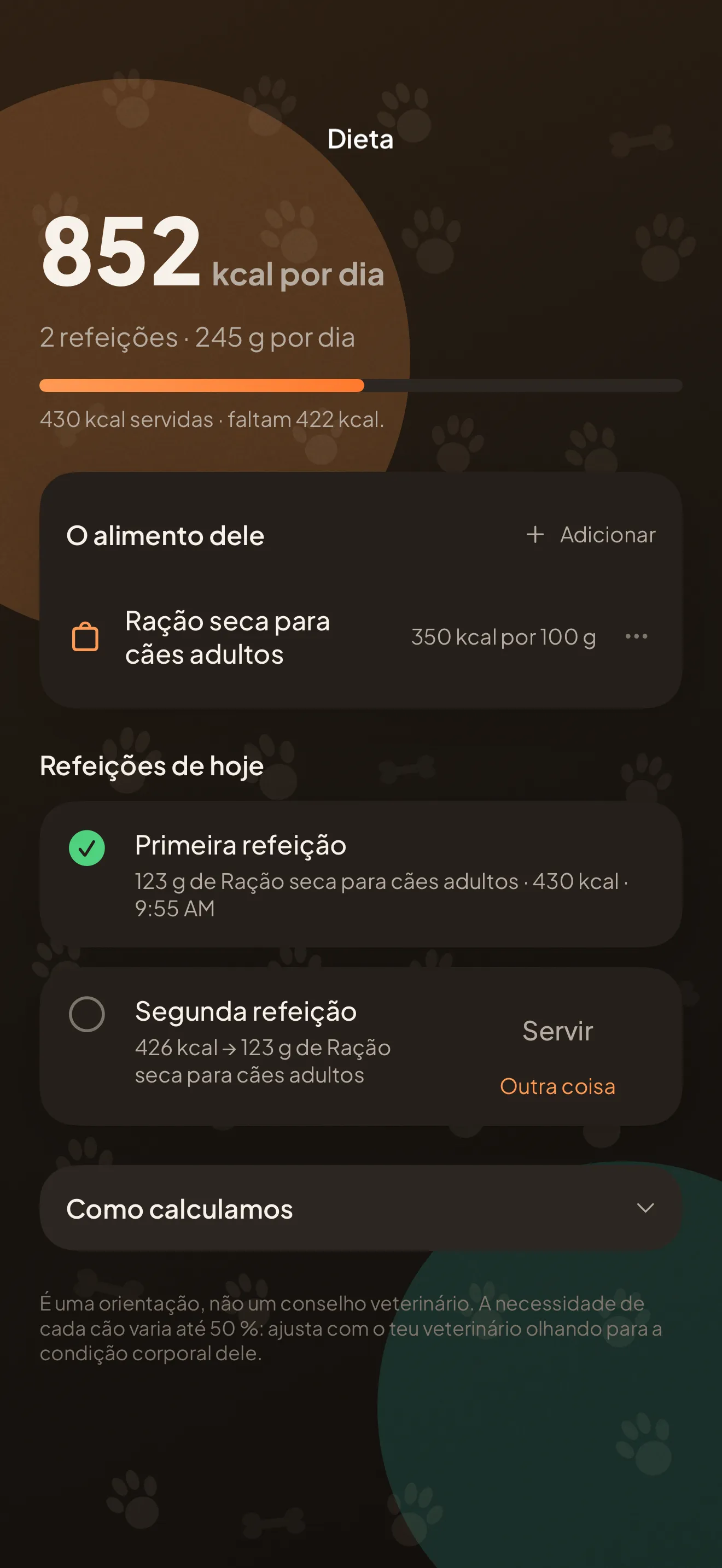 O ecrã de dieta: os gramas por dia, as calorias, a comida ativa e as refeições servidas hoje.