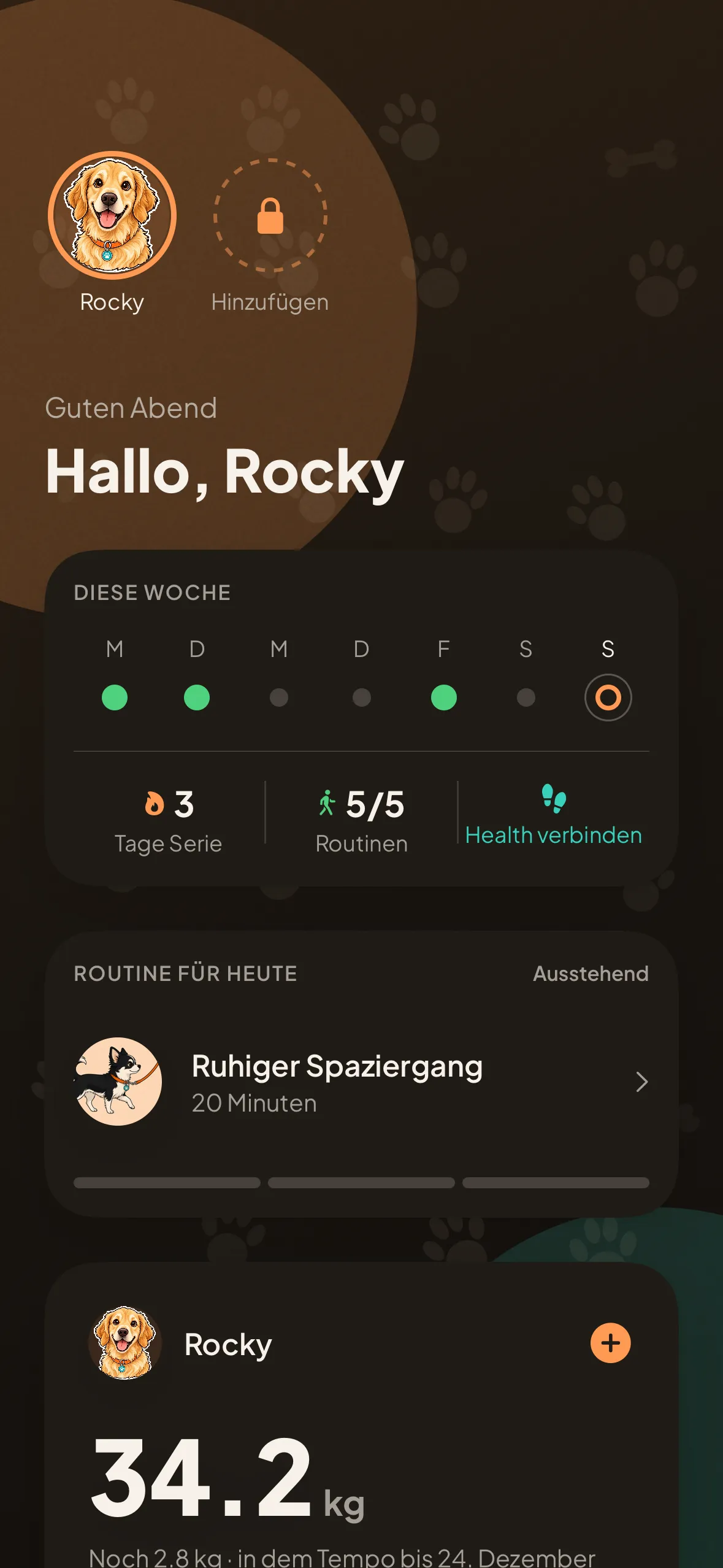 Das Kanid-Dashboard auf einem iPhone: die Begrüßung, die Woche der Routinen, die heutige Routine und Rockys aktuelles Gewicht, 34,2 kg.