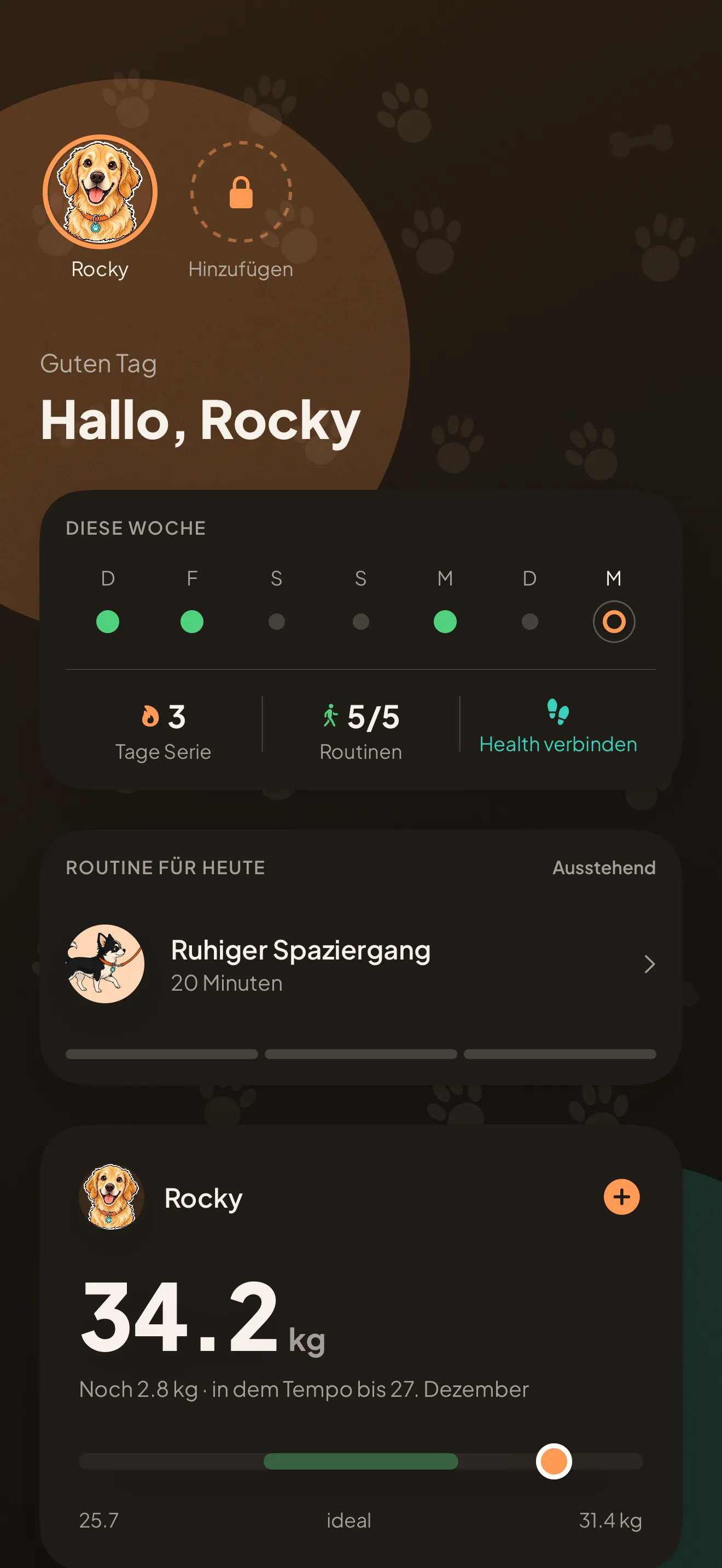Das Kanid-Dashboard auf einem iPhone: die Begrüßung, die Woche der Routinen, die heutige Routine und Rockys aktuelles Gewicht, 34,2 kg.