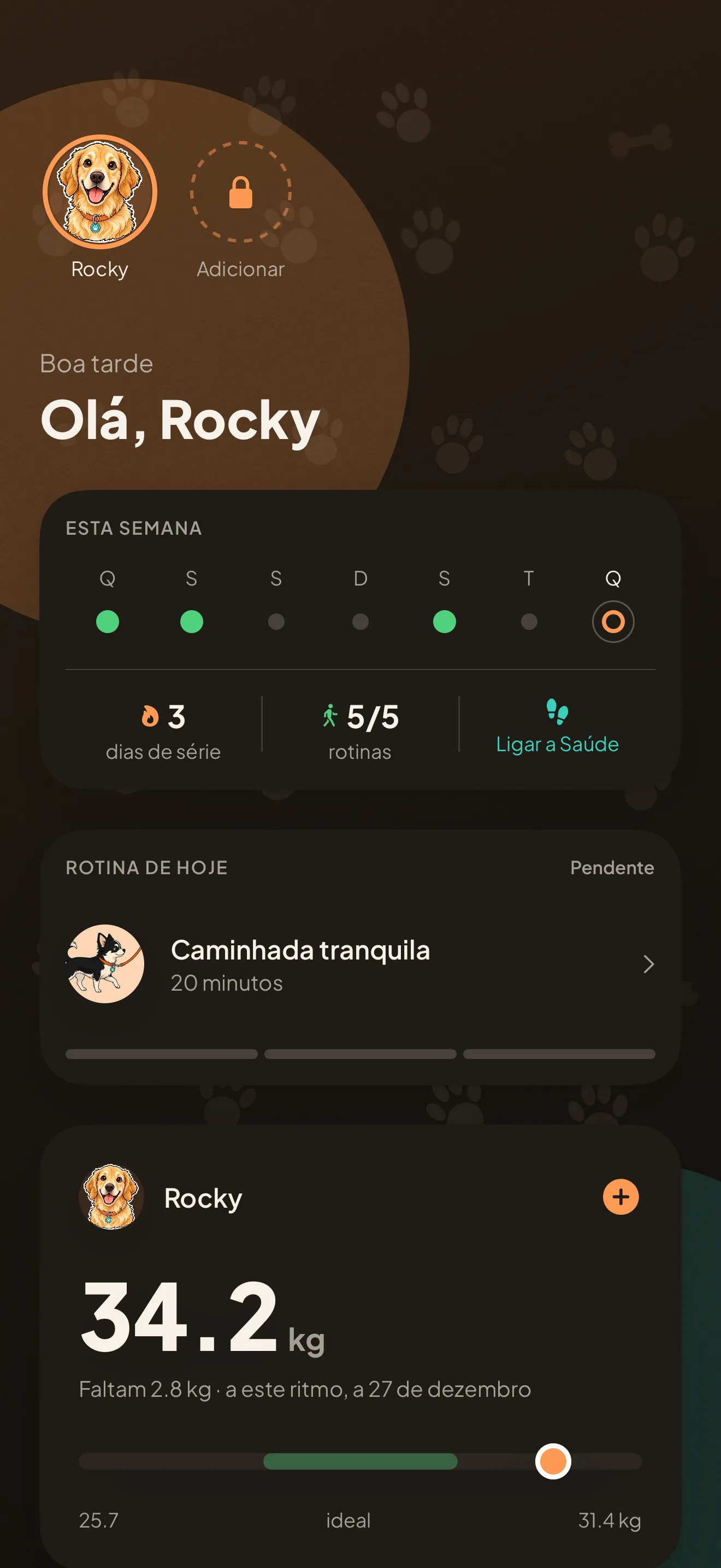 O painel do Kanid num iPhone: o cumprimento, a semana de rotinas, a rotina de hoje e o peso atual do Rocky, 34,2 kg.