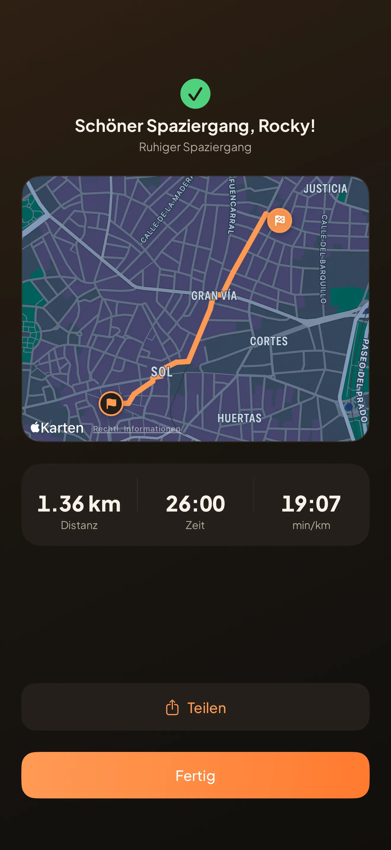Die Spaziergang-Zusammenfassung: die Strecke auf der Karte mit Distanz, Zeit und Minuten pro Kilometer.