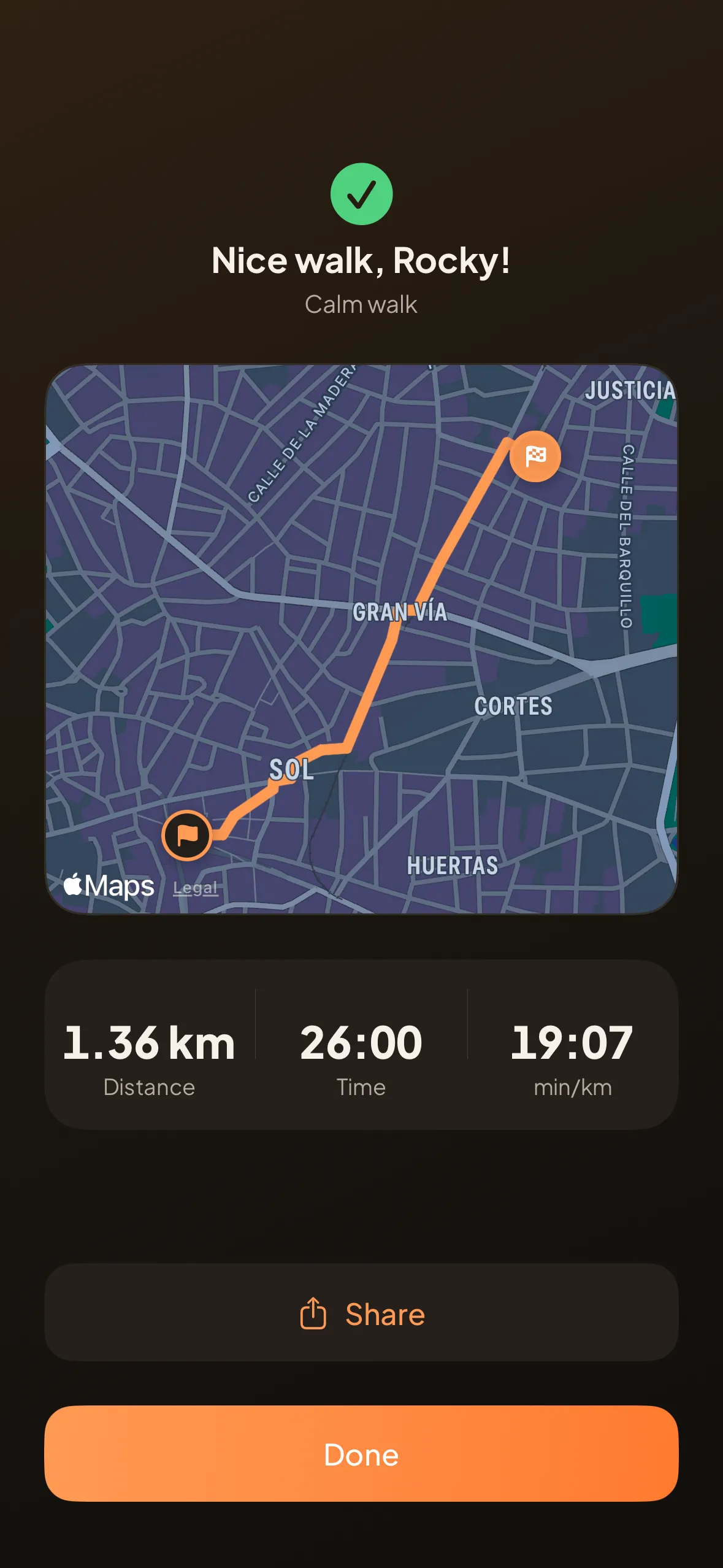 The walk summary: the route drawn on the map with the distance, the time and the minutes per kilometre.