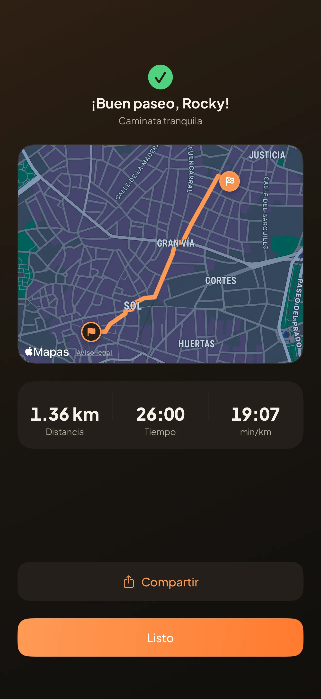 El resumen del paseo: el recorrido dibujado sobre el mapa con la distancia, el tiempo y los minutos por kilómetro.