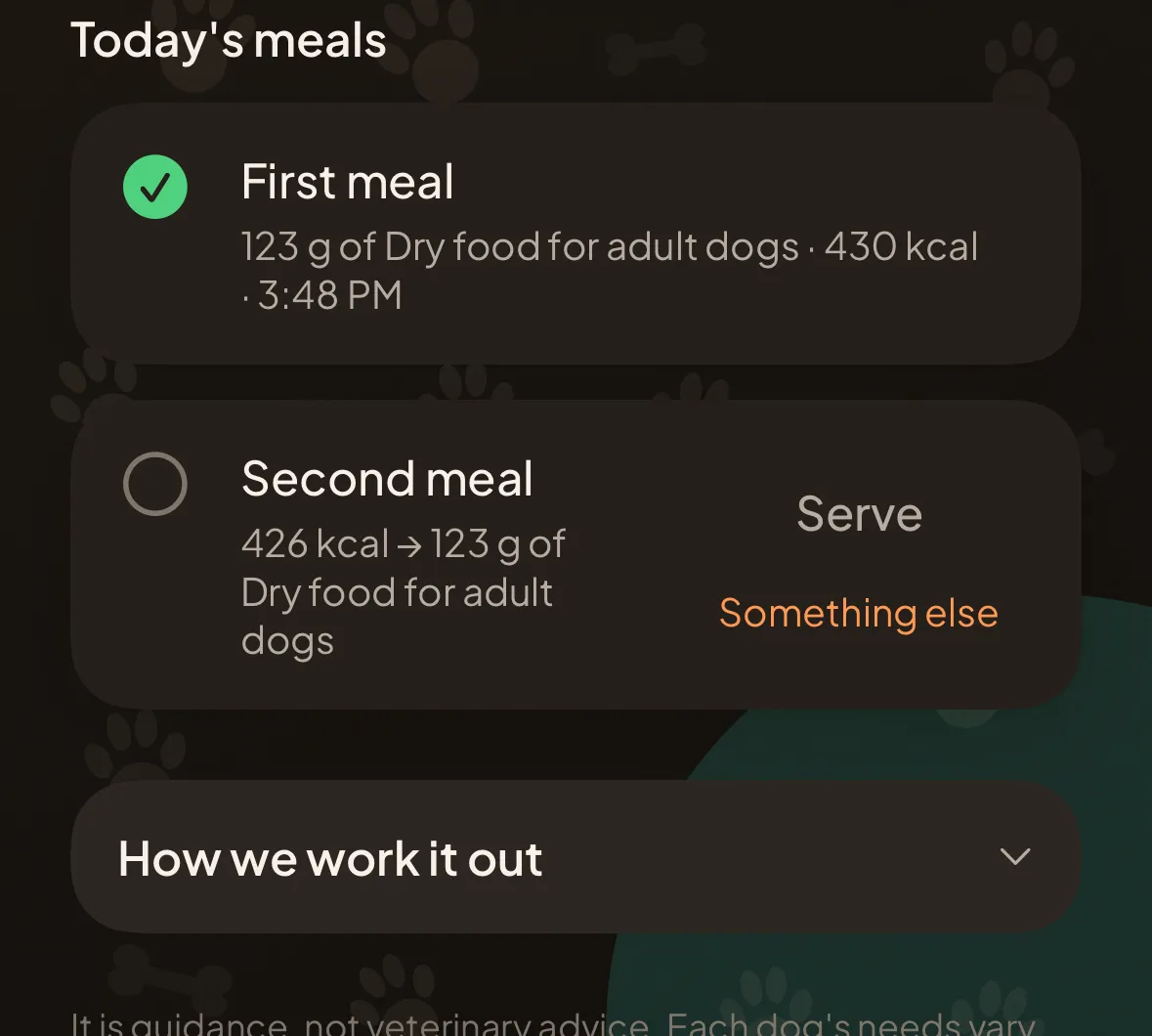 Today’s meals in the app: the first one served and ticked off, the second one still to go, and the drop-down with the workings.