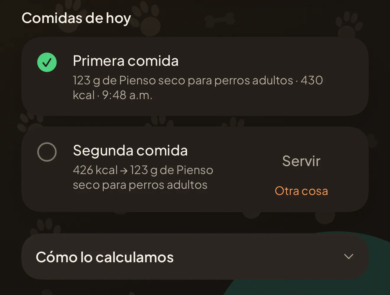 Las comidas de hoy en la app: la primera servida y marcada, la segunda todavía pendiente, y el desplegable con el cálculo.