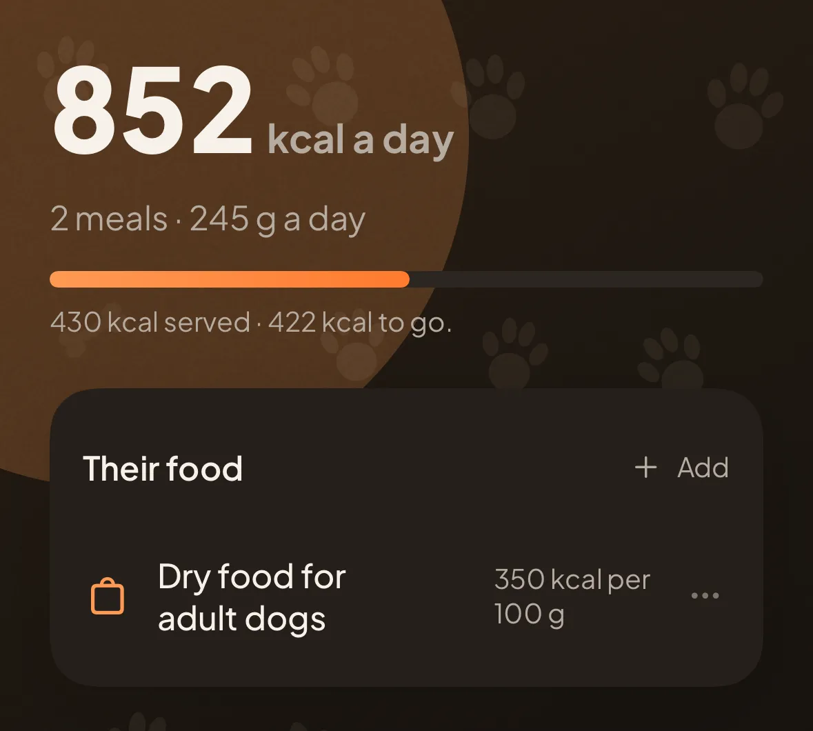 The ration in the app: 852 kcal a day, two meals, 245 g a day, 430 kcal already served, and the food they are worked out from.