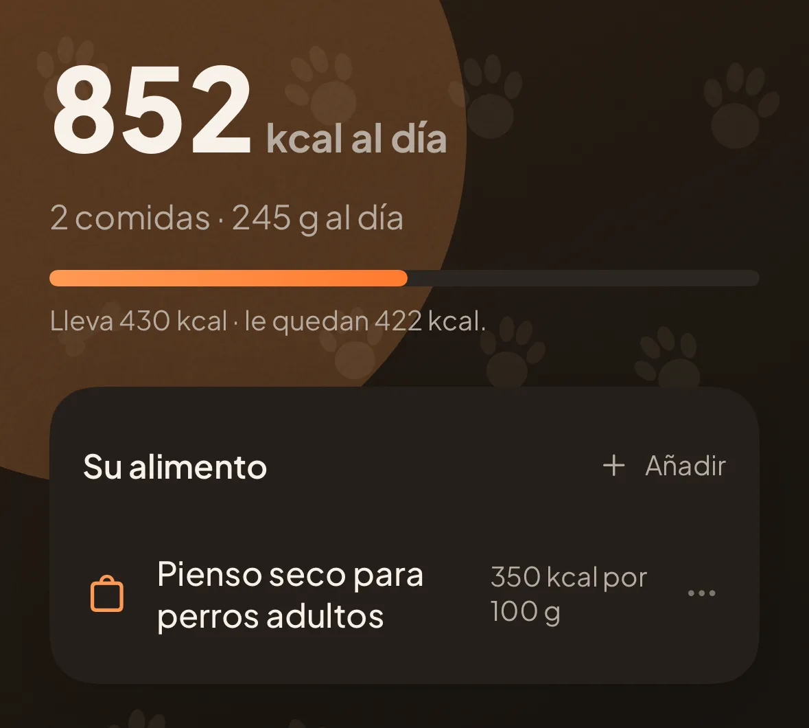 La ración en la app: 852 kcal al día, dos comidas, 245 g al día, 430 kcal ya servidas, y el alimento con el que se calculan.