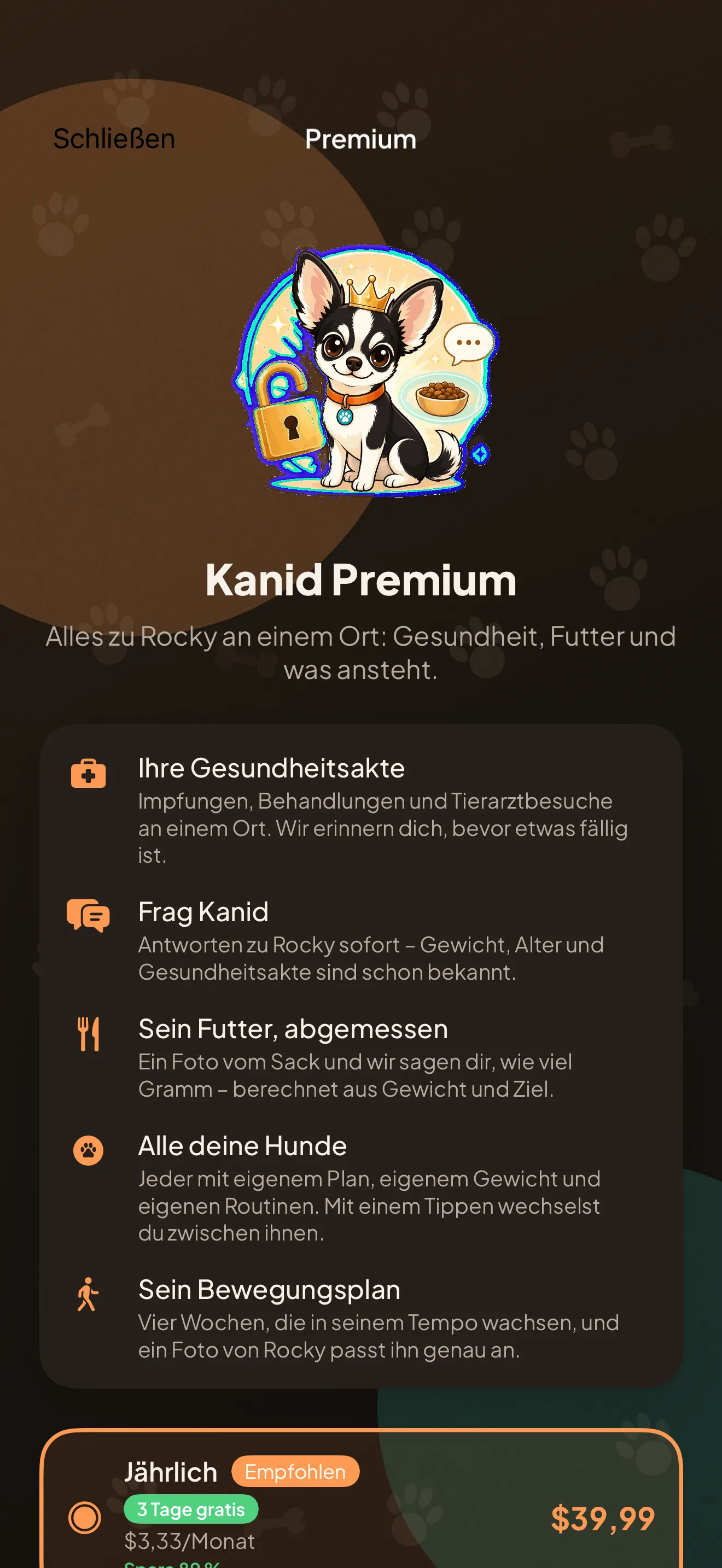Der Kanid-Premium-Bildschirm mit seinen fünf Vorteilen als Liste.
