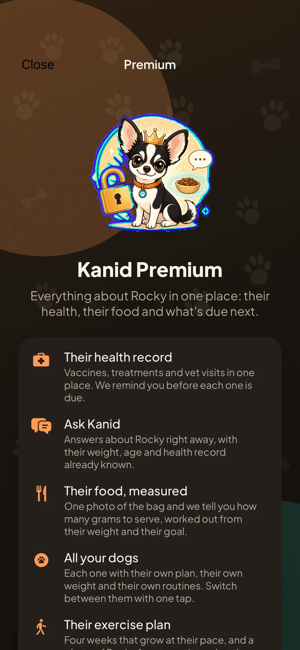 The Kanid Premium screen with its five benefits listed.