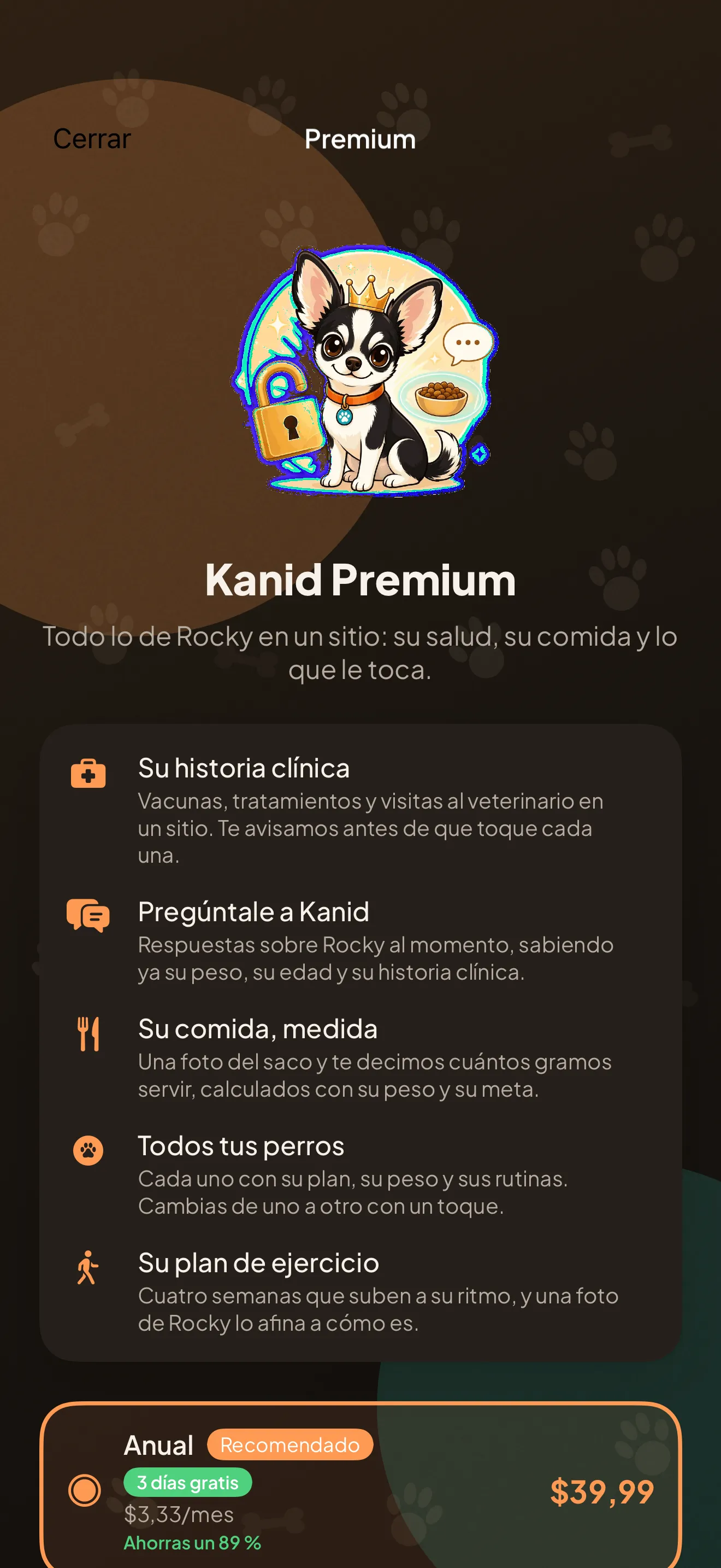 La pantalla de Kanid Premium con sus cinco beneficios en lista.