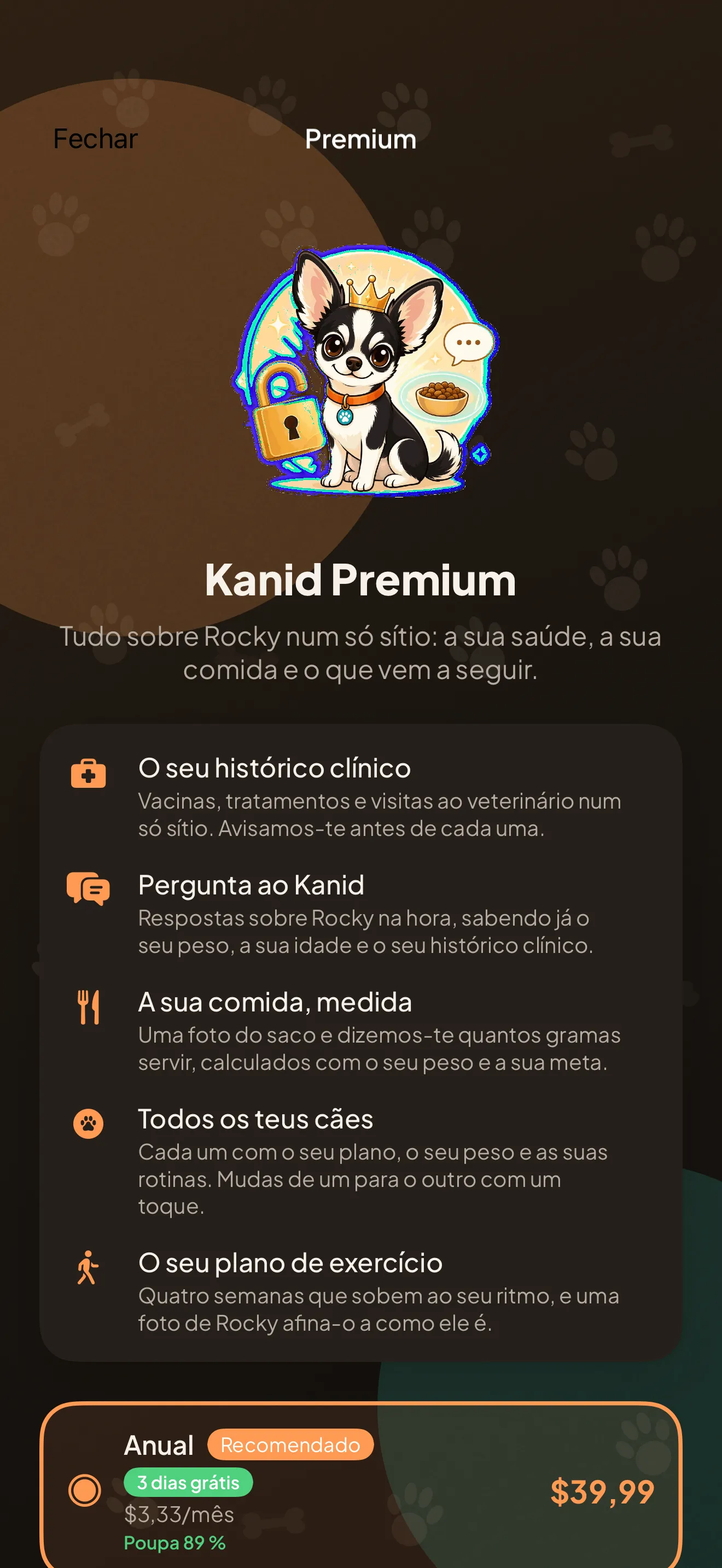 O ecrã do Kanid Premium com os seus cinco benefícios em lista.