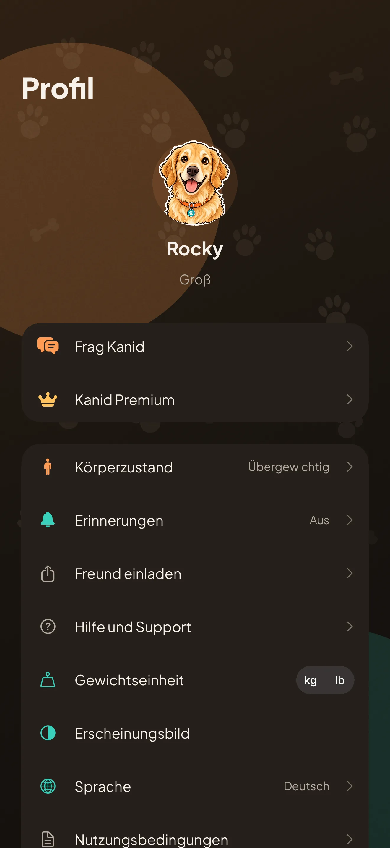 Der Profilbildschirm: der Hund, die Gewichtseinheit in Kilogramm oder Pfund, die Sprache und die Erinnerungen.