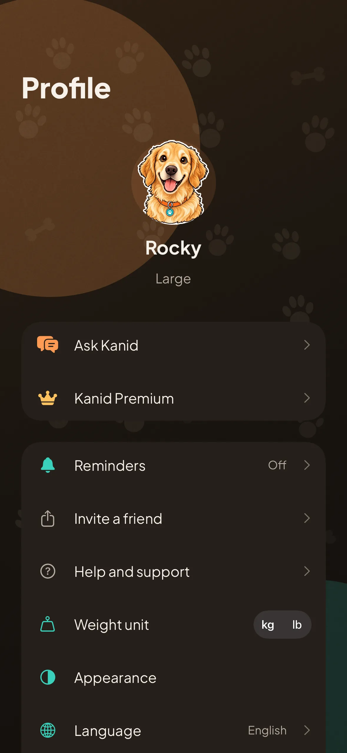 The profile screen: the dog, the weight unit in kilograms or pounds, the language and the reminders.