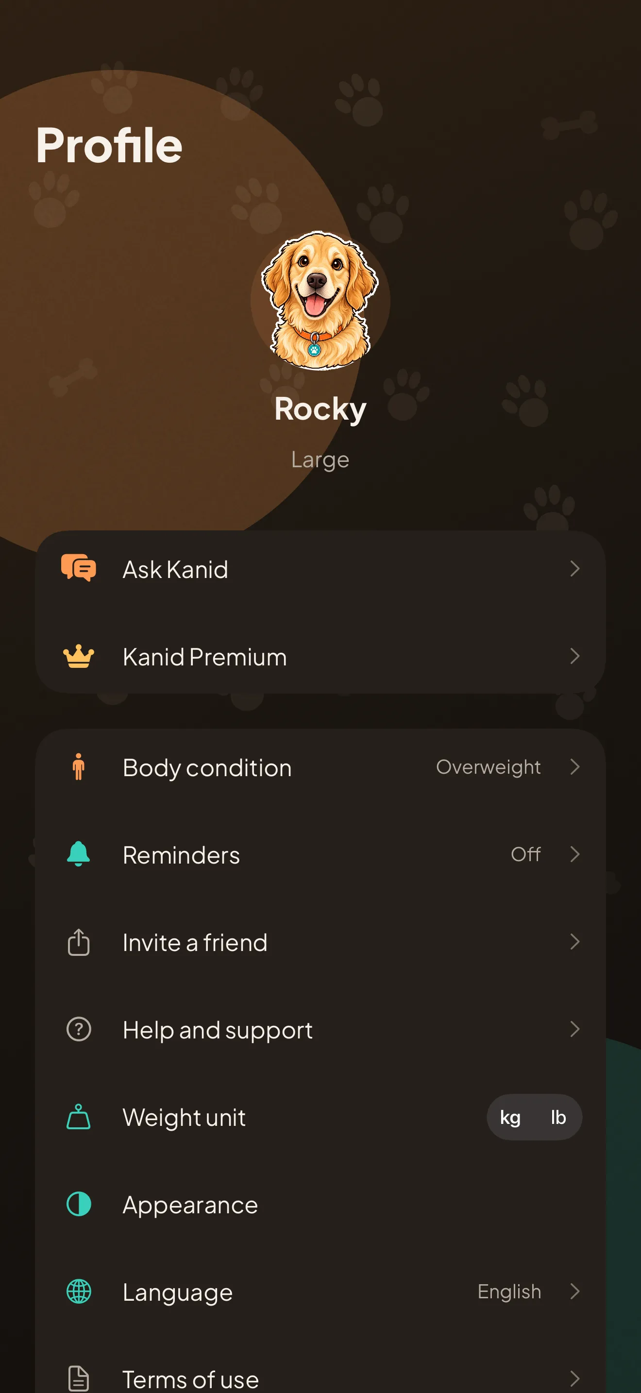 The profile screen: the dog, the weight unit in kilograms or pounds, the language and the reminders.