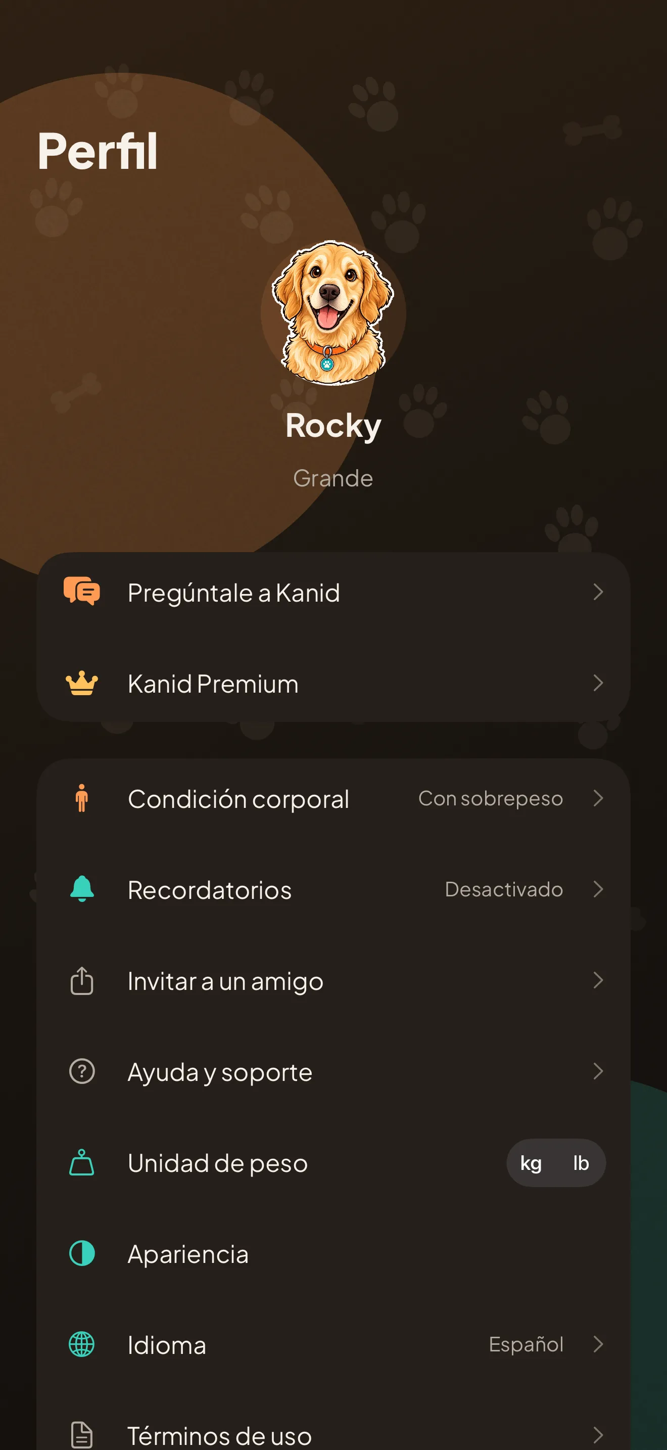 La pantalla de perfil: el perro, la unidad de peso en kilos o libras, el idioma y los recordatorios.