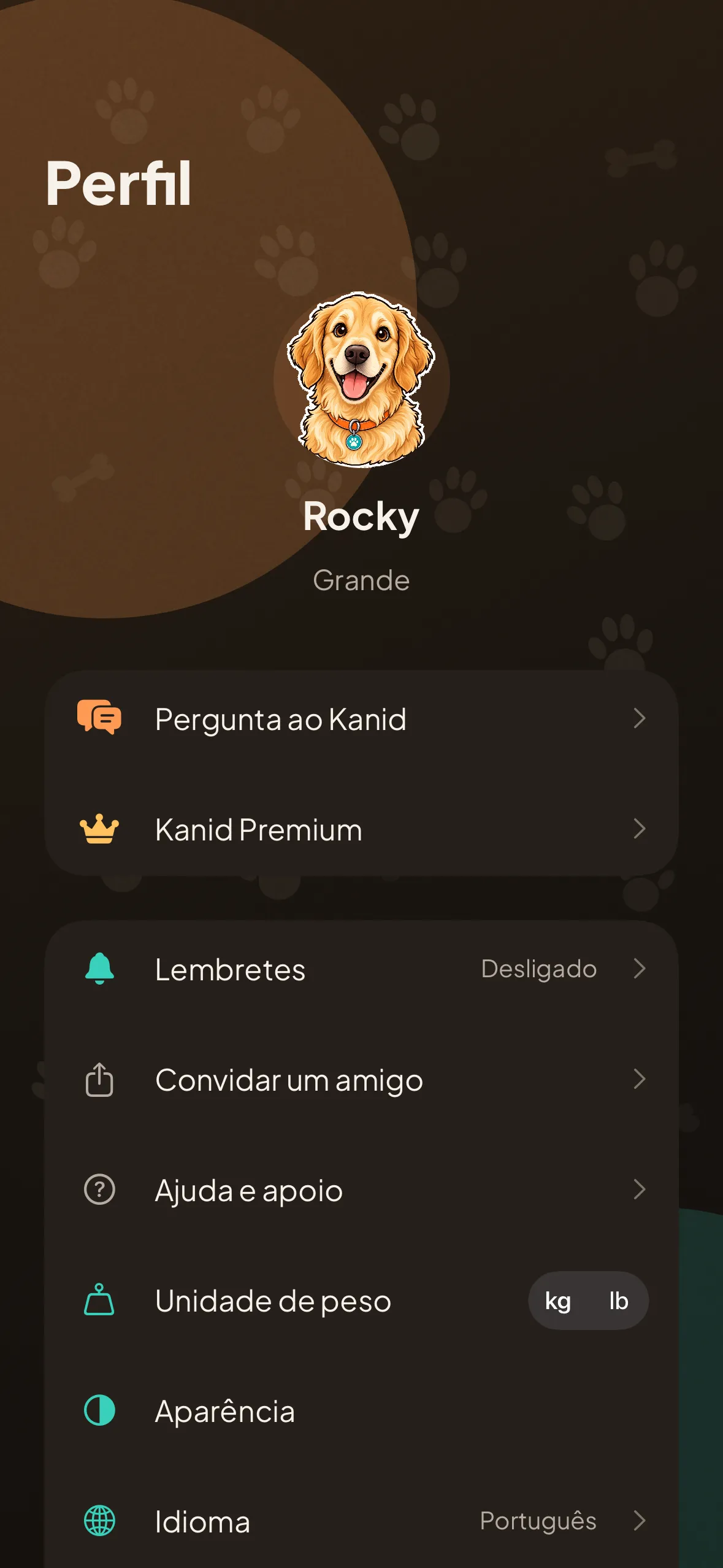 O ecrã de perfil: o cão, a unidade de peso em quilos ou libras, o idioma e os lembretes.