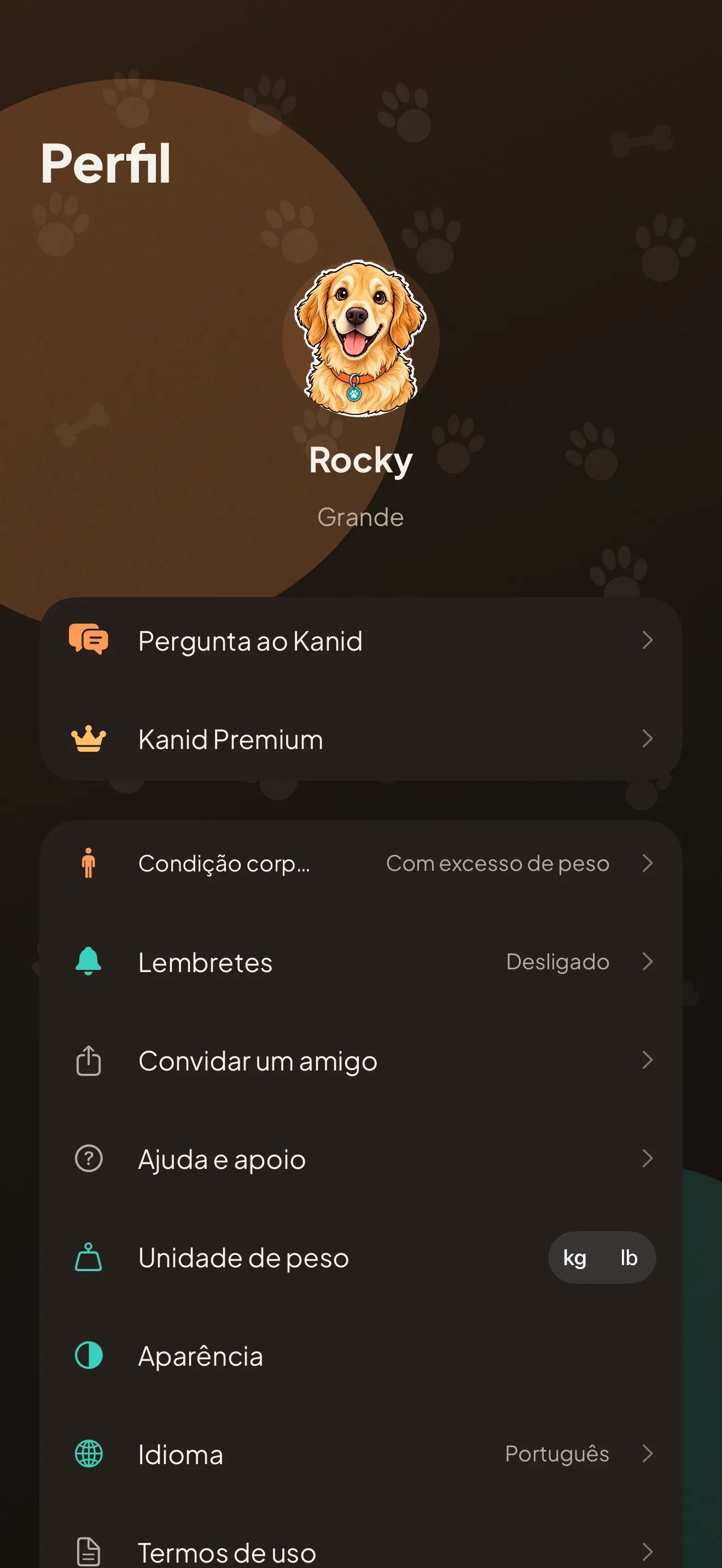 O ecrã de perfil: o cão, a unidade de peso em quilos ou libras, o idioma e os lembretes.