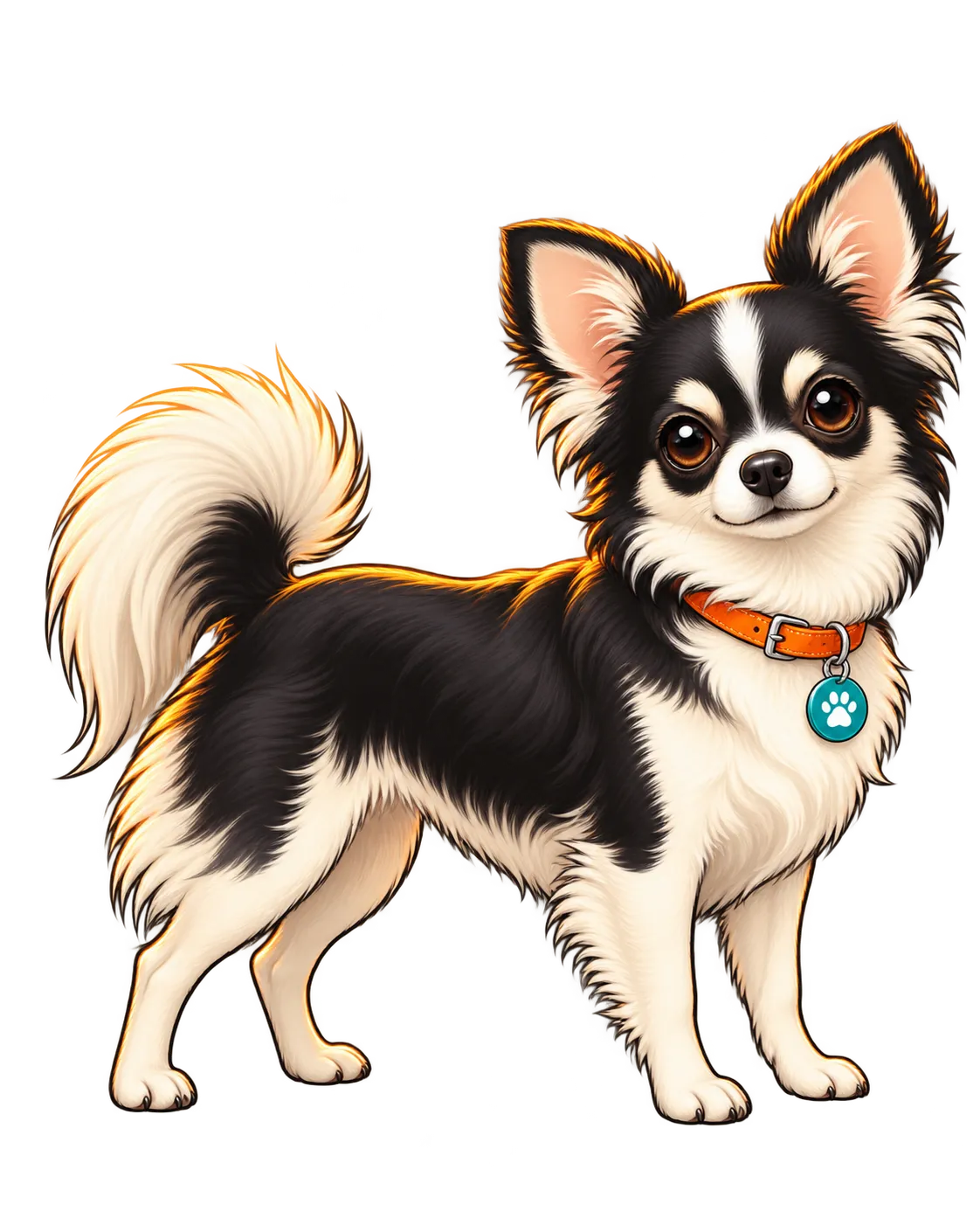 Illustration of a black-and-white chihuahua standing in profile, its waist and tuck-up clearly visible.