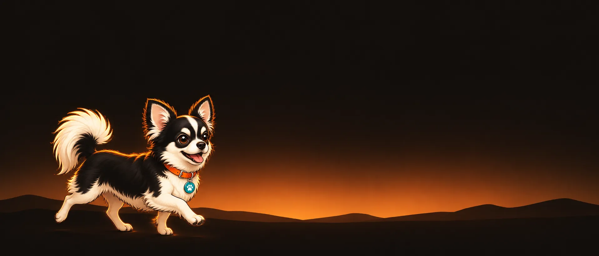 Illustration of a black-and-white chihuahua trotting across a dark brown field under an amber glow.