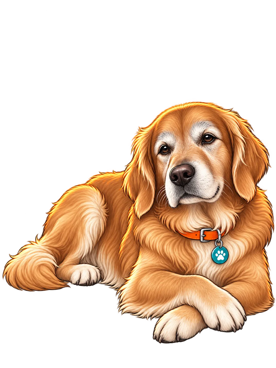 Illustration of an old golden dog with a grey muzzle, lying down with its head on its paws.