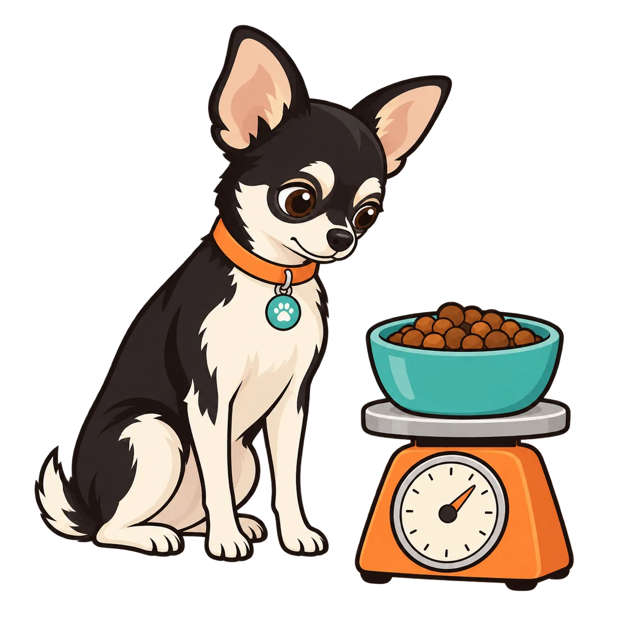 Illustration of a chihuahua sitting next to a kitchen scale with a bowl of measured kibble on it.