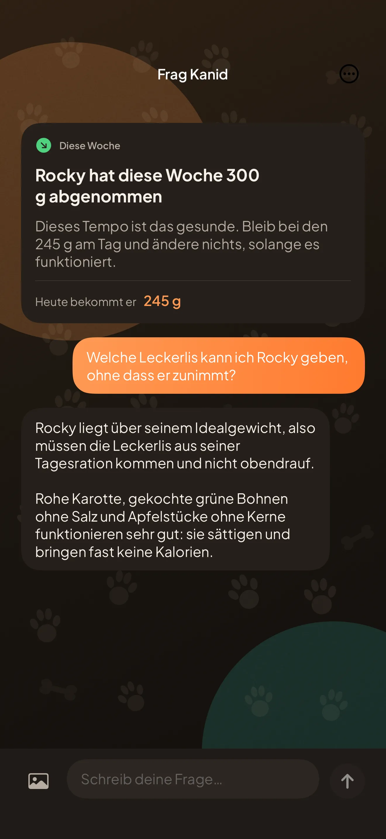 Der Chat-Bildschirm: die Karte der Wochenbilanz und eine Antwort über Leckerlis für einen Hund über seinem Idealgewicht.
