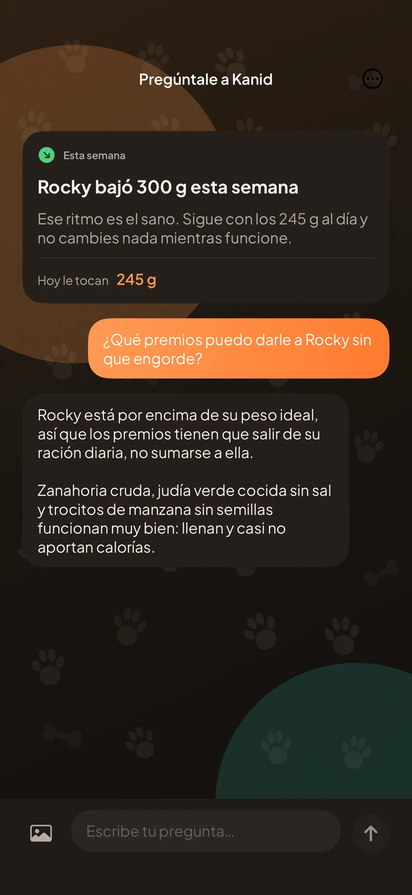 La pantalla de chat: la tarjeta de la revisión semanal y una respuesta sobre premios para un perro por encima de su peso ideal.