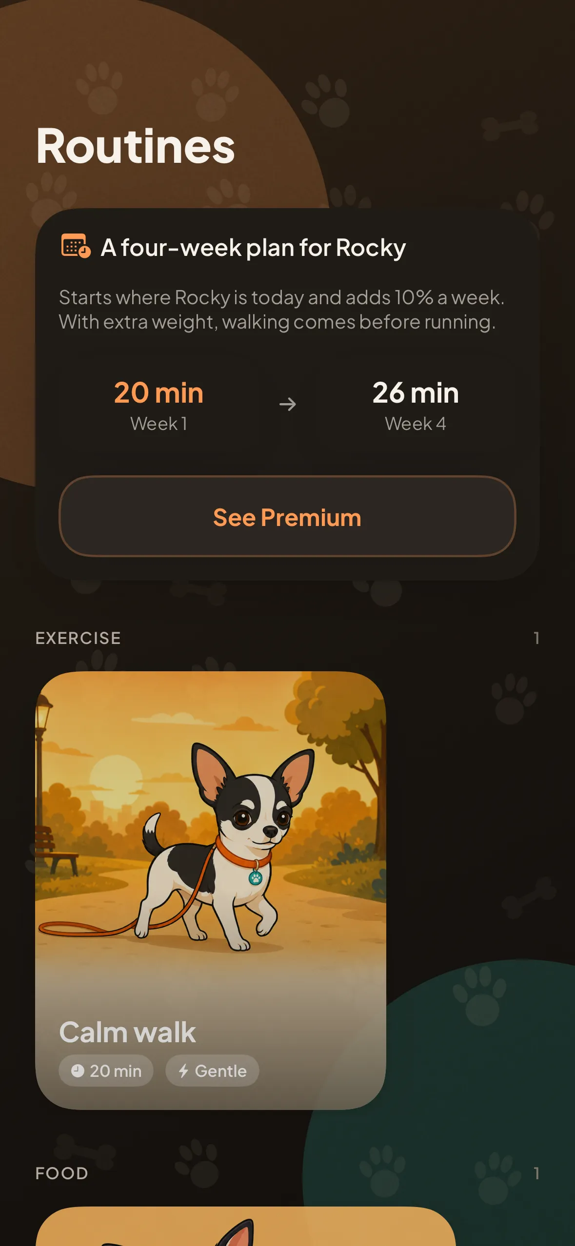 The routines screen: a four-week exercise plan and the catalogue by category.