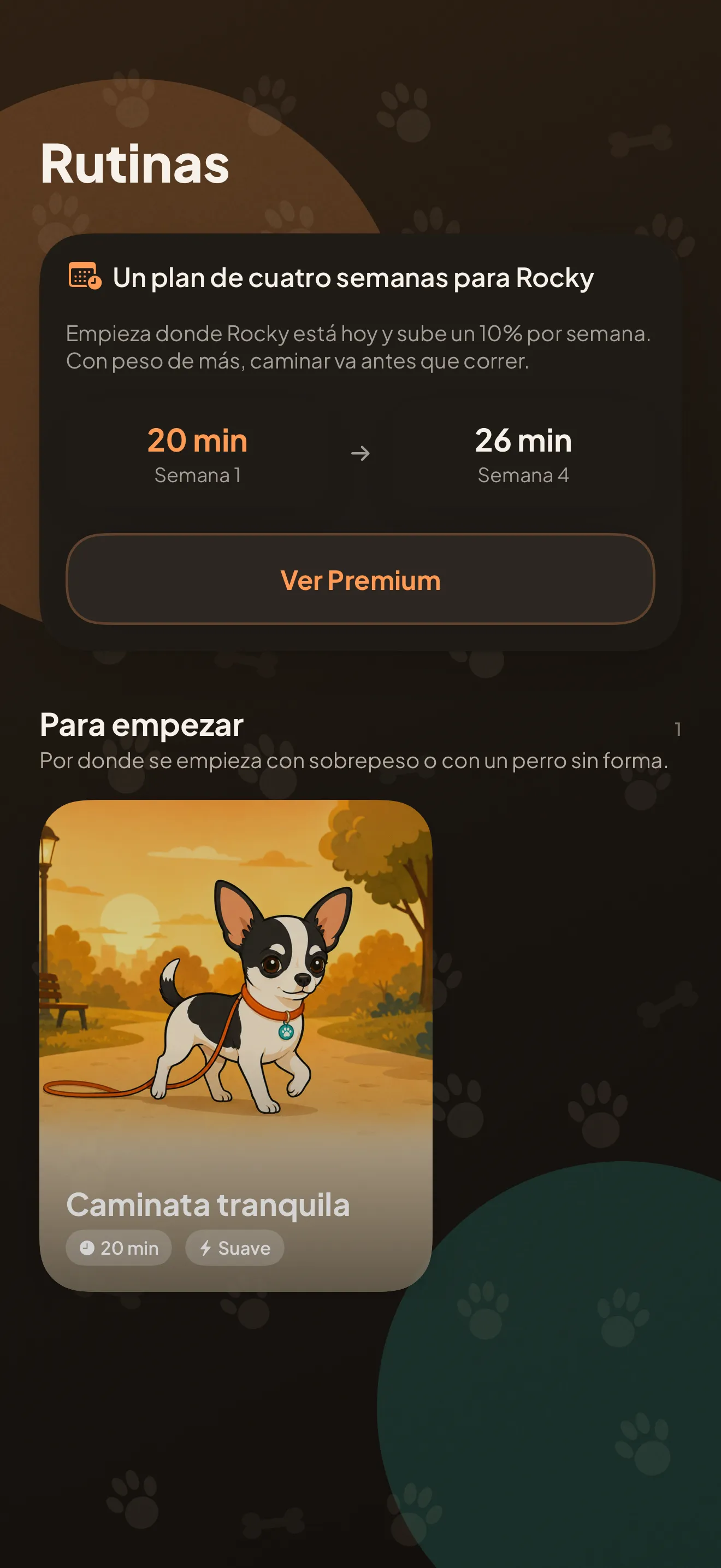 La pantalla de rutinas: el plan de cuatro semanas de Rocky, de 20 a 26 minutos, y las rutinas de ejercicio empezando por las más suaves.