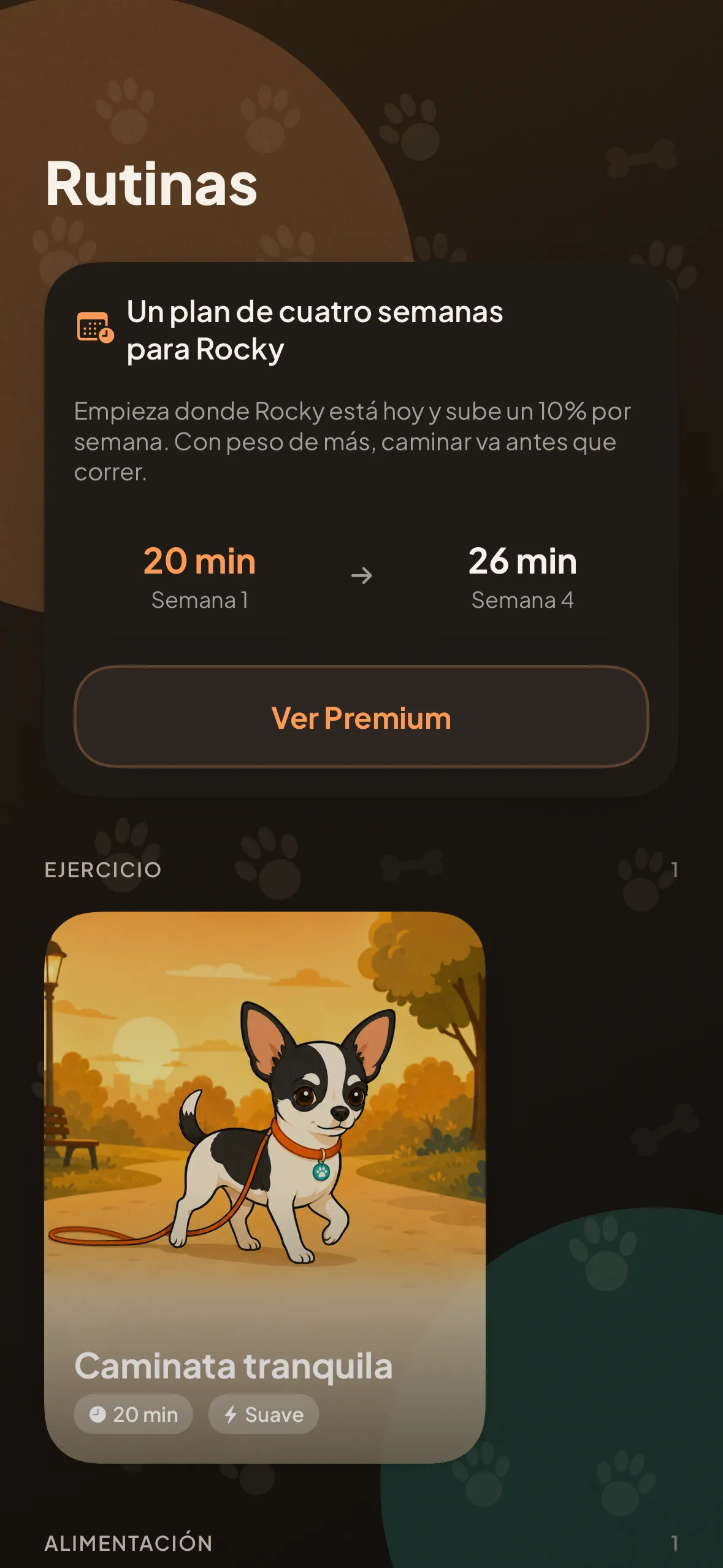 La pantalla de rutinas: un plan de ejercicio de cuatro semanas y el catálogo por categorías.
