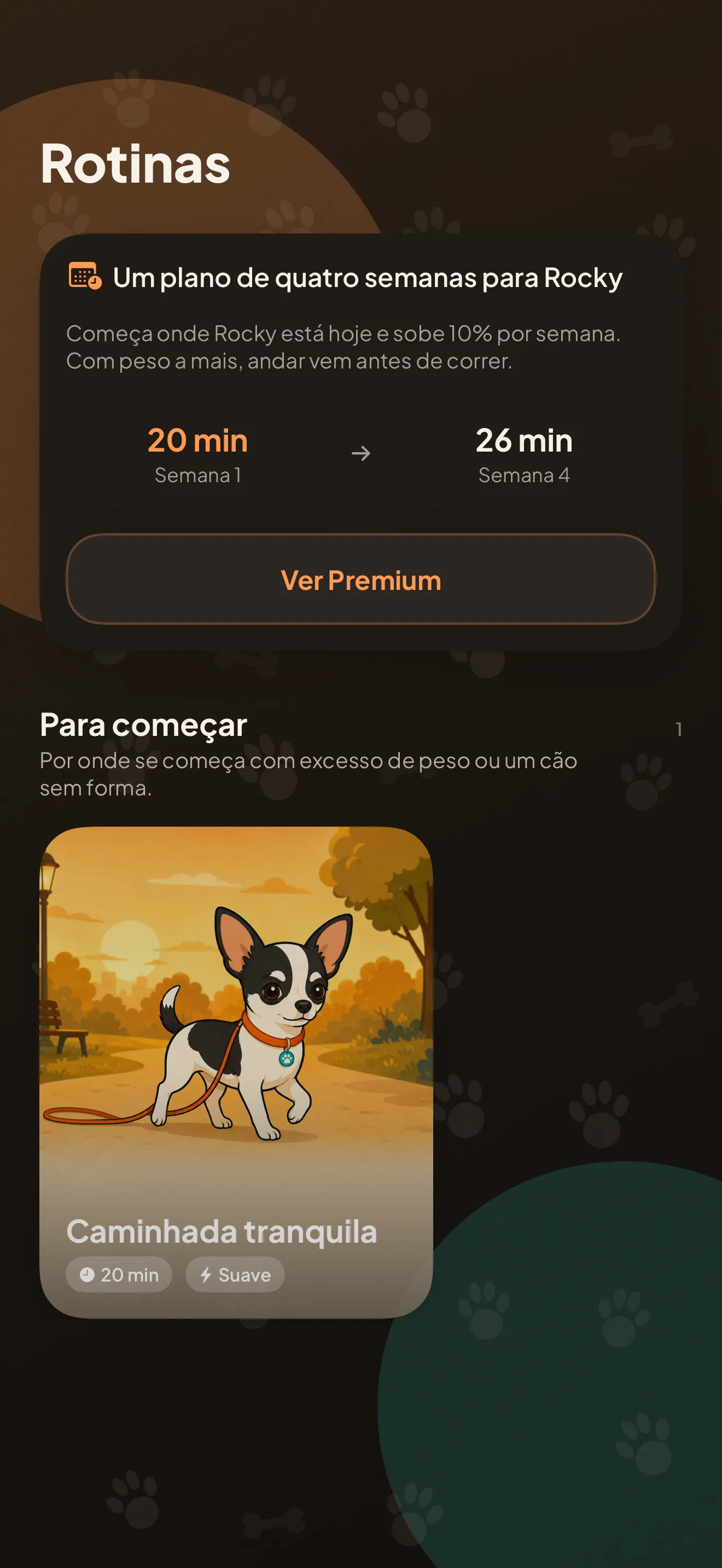 O ecrã de rotinas: o plano de quatro semanas do Rocky, de 20 a 26 minutos, e as rotinas de exercício a começar pelas mais suaves.
